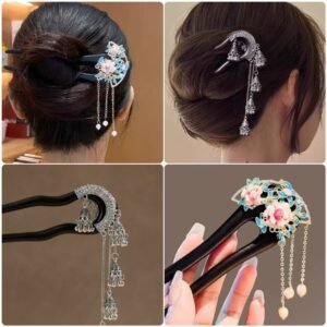 vintage chinese floral hairpin with tassel & pearls black wood u shape