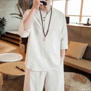 Men's Linen Tang Suit Set, Traditional Chinese Zen Style Two-Piece Outfit with Frog Buttons