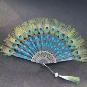 5-Color Peacock Feather Folding Hand Fan with Sequins & Tassel - Gothic Lace Fan for Weddings, Cosplay, Burlesque & Photoshoots