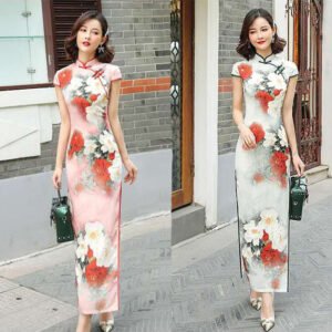 Watercolor Peony Print Qipao Cheongsam Dress - Traditional Chinese Slim Fit Maxi Dress with Mandarin Collar & Side Slit, Pink/White
