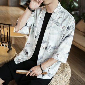 Men's Chinese Crane Print Kimono Cardigan, Lightweight Open-Front Haori Style Shirt