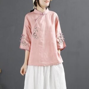 Women's Embroidered Linen Blouse, Traditional Hanfu Style Frog Button Tunic with Three-Quarter Sleeves