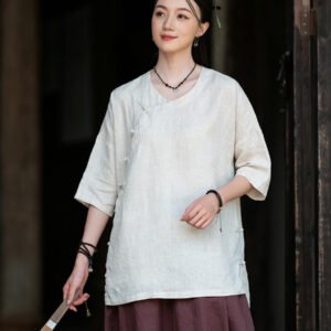 Women's Linen-Blend Hanfu Style Blouse, Loose Fit Three-Quarter Sleeve Chinese Zen Tunic Top