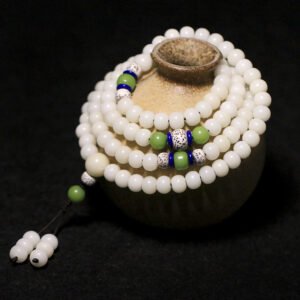 White Bodhi Seed 108 Mala Bracelet with Green & Blue Accents