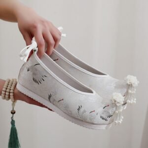 Women's Traditional Chinese Hanfu Shoes | White Embroidered Elevated Bow Flats