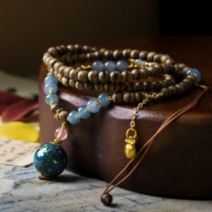 Chinese Lacquerware Pendant Mala Necklace, Natural Wood & Aquamarine Prayer Beads