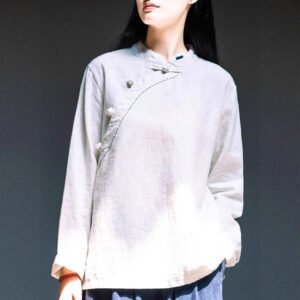Women's Linen-Blend Tang Suit Blouse, Traditional Frog Button Long Sleeve Zen Tunic Top
