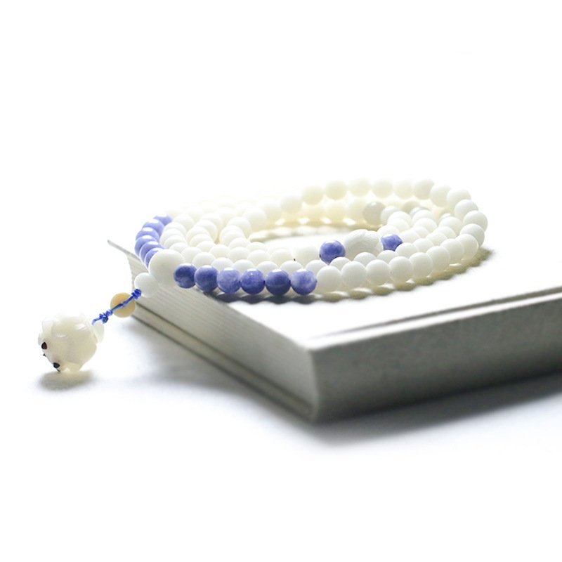 White Bodhi Root 108 Mala Beads Bracelet, Purple Accent Beads & Carved Lotus Pendant, Zen Meditation Multi-Loop Wrap Bracelet, Boho Spiritual Jewelry for Women - Image 4