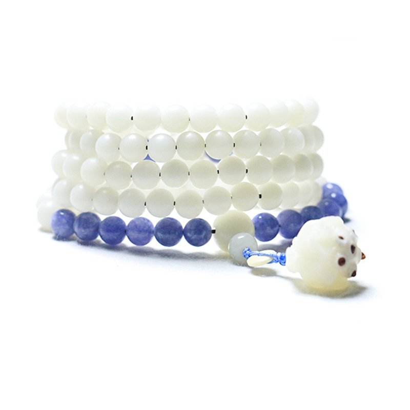 White Bodhi Root 108 Mala Beads Bracelet, Purple Accent Beads & Carved Lotus Pendant, Zen Meditation Multi-Loop Wrap Bracelet, Boho Spiritual Jewelry for Women - Image 3