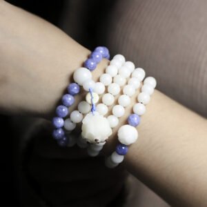 White Bodhi Root 108 Mala Beads Bracelet, Purple Accent Beads & Carved Lotus Pendant, Zen Meditation Multi-Loop Wrap Bracelet, Boho Spiritual Jewelry for Women