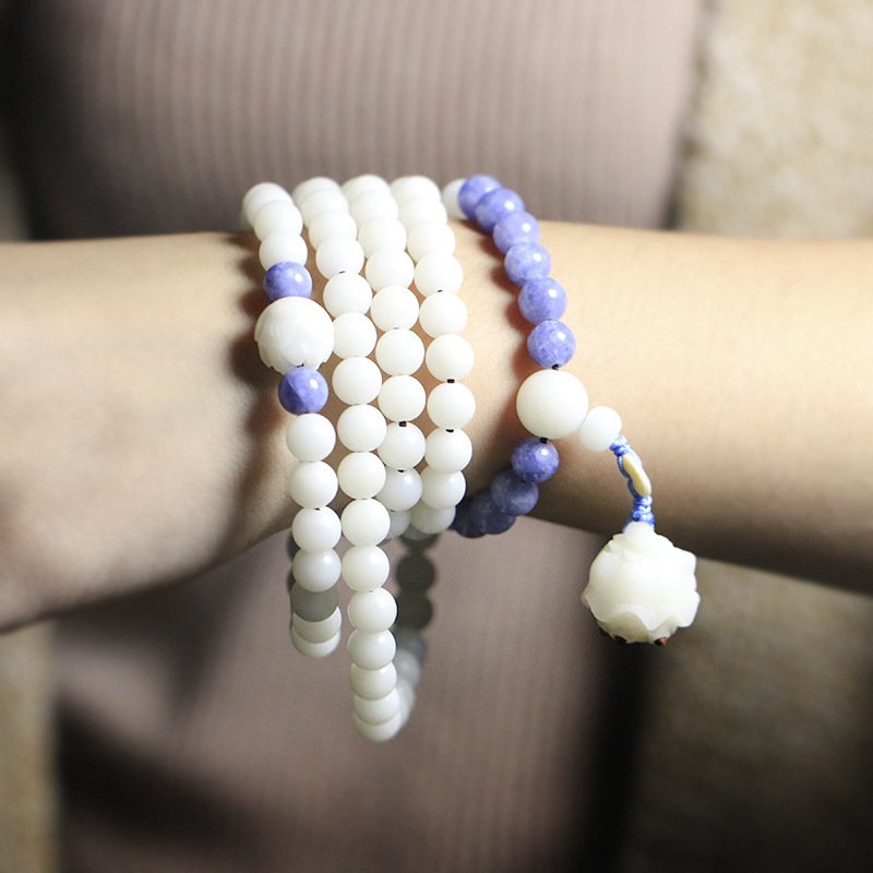 White Bodhi Root 108 Mala Beads Bracelet, Purple Accent Beads & Carved Lotus Pendant, Zen Meditation Multi-Loop Wrap Bracelet, Boho Spiritual Jewelry for Women - Image 2