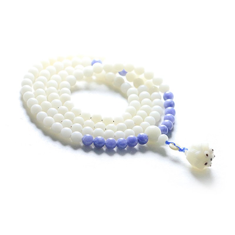 White Bodhi Root 108 Mala Beads Bracelet, Purple Accent Beads & Carved Lotus Pendant, Zen Meditation Multi-Loop Wrap Bracelet, Boho Spiritual Jewelry for Women - Image 5