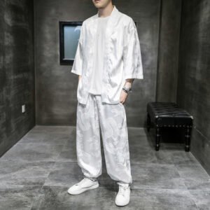 Men's 2-Piece Silk Satin Traditional Chinese Outfit | Short-Sleeve Kimono Shirt & Wide-Leg Pants Set