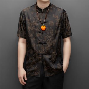 Men's Traditional Chinese Tang Suit Shirt - Short Sleeve Mandarin Collar with Frog Buttons - Elegant Silk-Like Top for Casual & Formal Wear