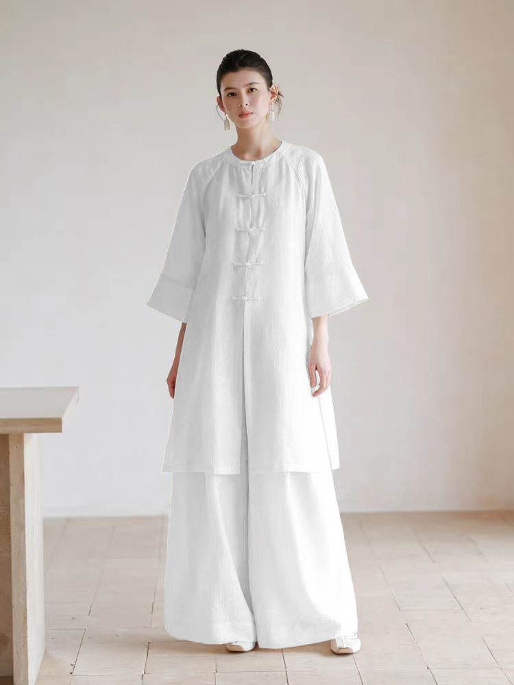 White Linen-Blend Chinese Tunic Two-Piece Set - Traditional Frog Button Top & Wide Leg Pants, Zen-Inspired Casual Outfit for Women - Image 3