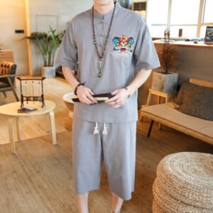 Men's Linen-Blend Chinese Style Embroidered 2-Piece Outfit (Short-Sleeve Shirt & Cropped Pants Set)