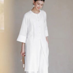 White Linen-Blend Chinese Tunic Two-Piece Set - Traditional Frog Button Top & Wide Leg Pants, Zen-Inspired Casual Outfit for Women