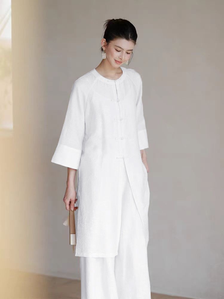 White Linen-Blend Chinese Tunic Two-Piece Set - Traditional Frog Button Top & Wide Leg Pants, Zen-Inspired Casual Outfit for Women