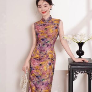 Women's Sleeveless Floral Qipao Dress, Purple-Yellow Watercolor Print Long Cheongsam