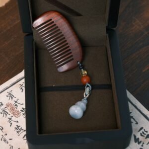 Natural Sandalwood Comb with Jade Gourd Pendant - Traditional Chinese Wooden Hair Comb for Women