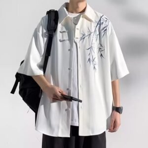 Men's New Chinese Style Bamboo Embroidered Shirt, Loose-Fit Short-Sleeve Button-Down with Frog Buttons
