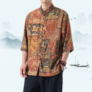 Men's Chinese Style Tang Shirt - Traditional Frog Button Print Top, Linen Blend Casual Summer Shirt in Green & Dragon Print