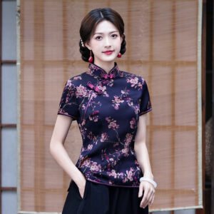 Women's Violet Floral Qipao Blouse - Traditional Chinese Short Sleeve Top with Mandarin Collar & Frog Buttons
