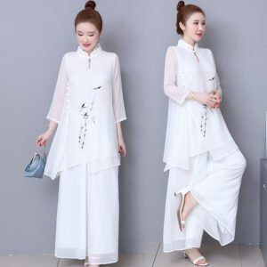 Women's New Chinese Style 2-Piece Set, Embroidered Chiffon Tunic & Wide-Leg Pants Linen Blend Outfit