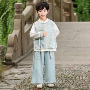 Kids Chinese Traditional Hanfu Set - Light Blue Boys/Girls Tang Suit - 3Pcs/2Pcs Ethnic Costume for Photoshoot, Performance & Casual Wear