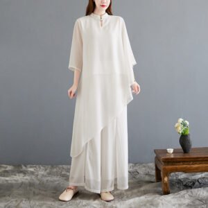 White Zen Linen-Blend Two-Piece Outfit - Loose-Fit Flowy Chiffon Tunic Dress & Wide Leg Pants, Traditional Chinese Style for Women