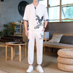 Men's Chinese Style Phoenix Print 2-Piece Outfit - Short Sleeve V-Neck Shirt & Jogger Pants Set in Beige/Black/Grey