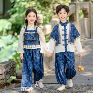 Kids' Blue Ethnic Traditional Outfit - Boys Tang Suit / Girls Hanfu Set - 3Pcs Cultural Costume for Photoshoots & Performances