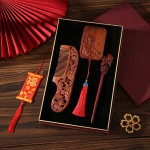 Rosewood Comb, Mirror & Hairpin 3-Piece Gift Set | Traditional Chinese Wedding Hanfu Accessory
