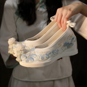 Light Blue Floral Embroidered Hanfu Shoes Women’s Upturned Toe Wedge Heel Qiaotou Footwear
