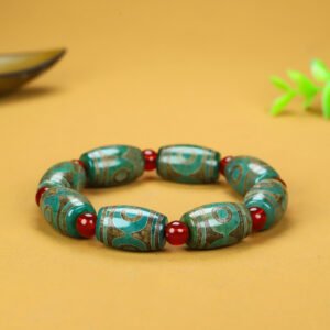 Tibetan Dzi Bead Turquoise Barrel Bracelet with Red Agate Spacers - Traditional Spiritual Healing Stone Jewelry
