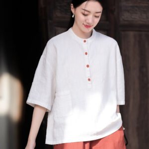 Women’s Linen Blend Mandarin Collar Blouse | New Chinese Style Half-Sleeve Shirt