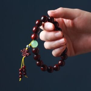 Red Sandalwood Prayer Beads Bracelet | Traditional Chinese Mala with Jade Accent