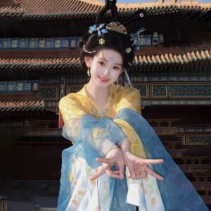 Tang Dynasty Style Hanfu Dress - Yellow & Blue Floral Print Ruqun, Traditional Chinese Hanfu for Cosplay & Events