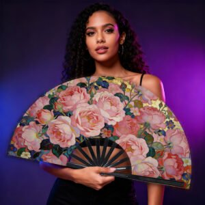 Large Floral Folding Hand Fan - Vintage Pink Rose Print, Oversized Bamboo Fan for Raves, Parties & Photoshoots
