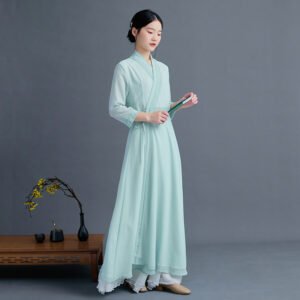 New Chinese Style Hanfu Maxi Dress, Linen Blend Chiffon Long Dress with 3/4 Sleeves, Elegant Flowy Gown for Women