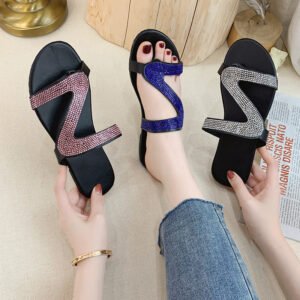 Women's Z-Shaped Rhinestone Slide Sandals | Open-Toe Flat Summer Slippers