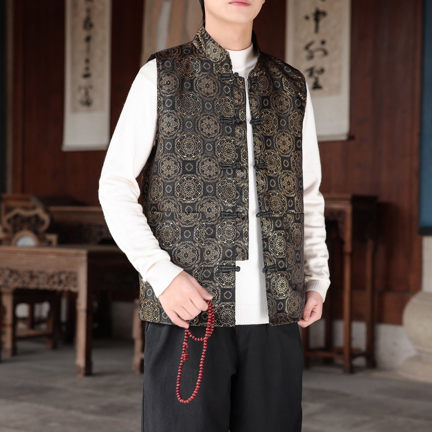 Men’s Chinese Traditional Jacquard Frog Button Vest, Oriental Mandarin Collar Sleeveless Waistcoat in 6 Colors - Image 5
