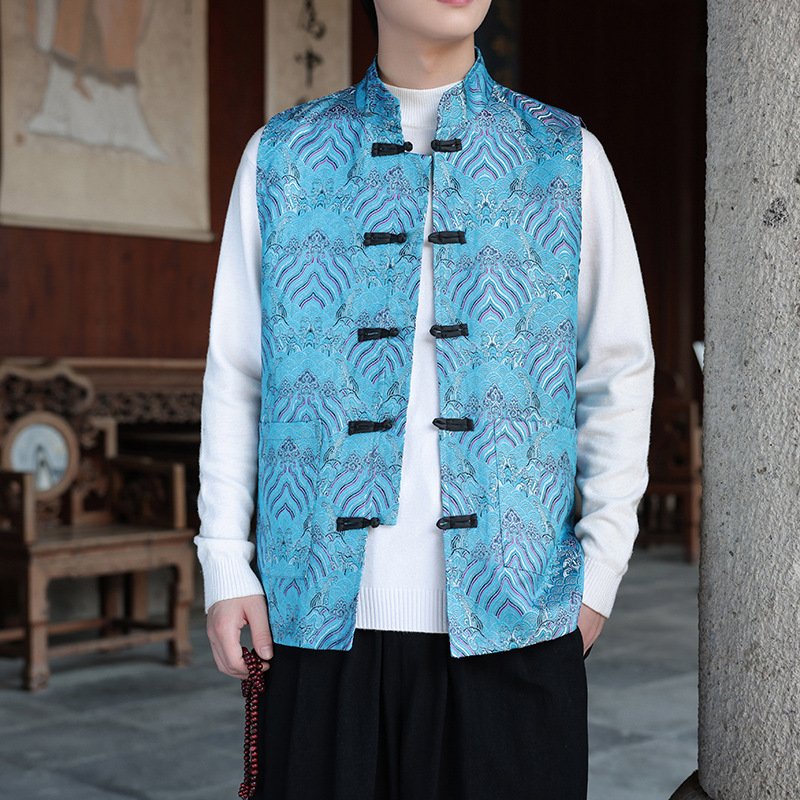 Men’s Chinese Traditional Jacquard Frog Button Vest, Oriental Mandarin Collar Sleeveless Waistcoat in 6 Colors - Image 7