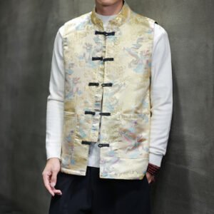 Men’s Chinese Traditional Jacquard Frog Button Vest, Oriental Mandarin Collar Sleeveless Waistcoat in 6 Colors