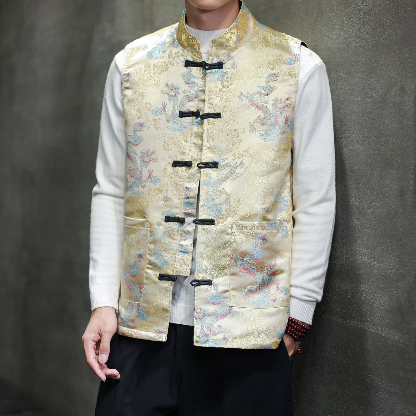 Men’s Chinese Traditional Jacquard Frog Button Vest, Oriental Mandarin Collar Sleeveless Waistcoat in 6 Colors