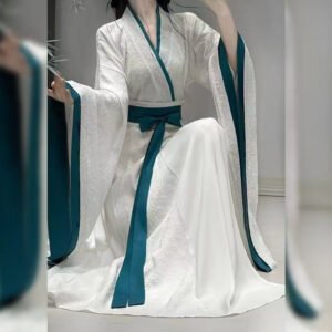 Wei-Jin Dynasty Inspired Hanfu | Flowing Cross-Collar Dress with Teal Sash