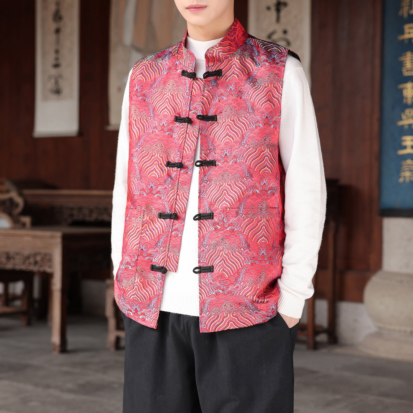 Men’s Chinese Traditional Jacquard Frog Button Vest, Oriental Mandarin Collar Sleeveless Waistcoat in 6 Colors - Image 6