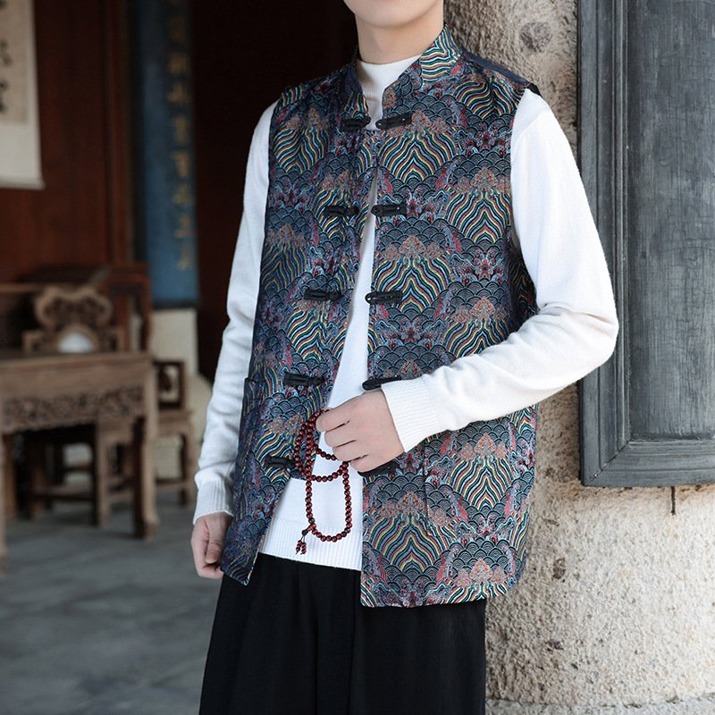 Men’s Chinese Traditional Jacquard Frog Button Vest, Oriental Mandarin Collar Sleeveless Waistcoat in 6 Colors - Image 2