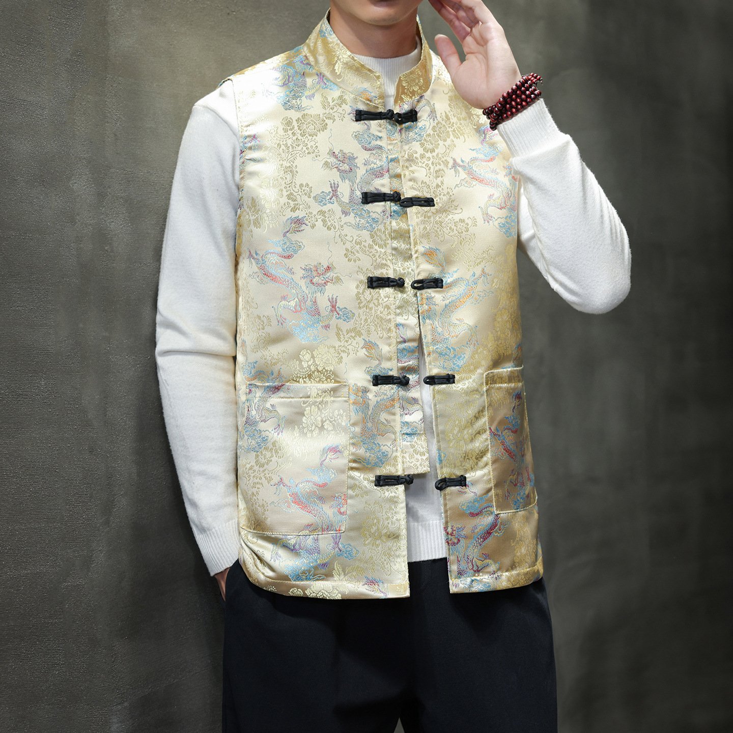 Men’s Chinese Traditional Jacquard Frog Button Vest, Oriental Mandarin Collar Sleeveless Waistcoat in 6 Colors - Image 4