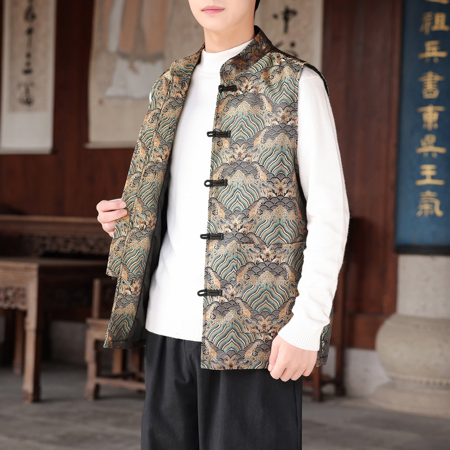 Men’s Chinese Traditional Jacquard Frog Button Vest, Oriental Mandarin Collar Sleeveless Waistcoat in 6 Colors - Image 3